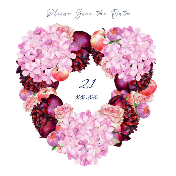 Aquarel Bourgondië en Blush Floral frame met hortensia, Dahlia, appels. Kan worden gebruikt voor bruiloft uitnodigingen, engagement kaarten en andere romantische evenementen. - Foto, afbeelding