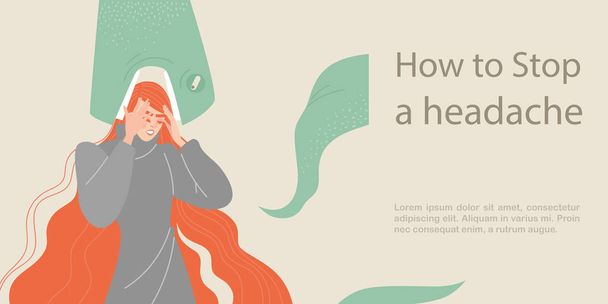 How to stop a headache. Symbolic illustration with a cold girl and a large green snake symbolizing the disease. - Vector, Image