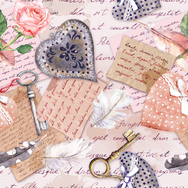 Vintage aged paper, flowers, hand written letters, keys, roses, pink textile hearts. Seamless background - Photo, Image