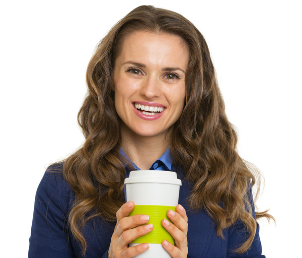 Portrait of smiling business woman with cup of hot beverage - Photo, Image