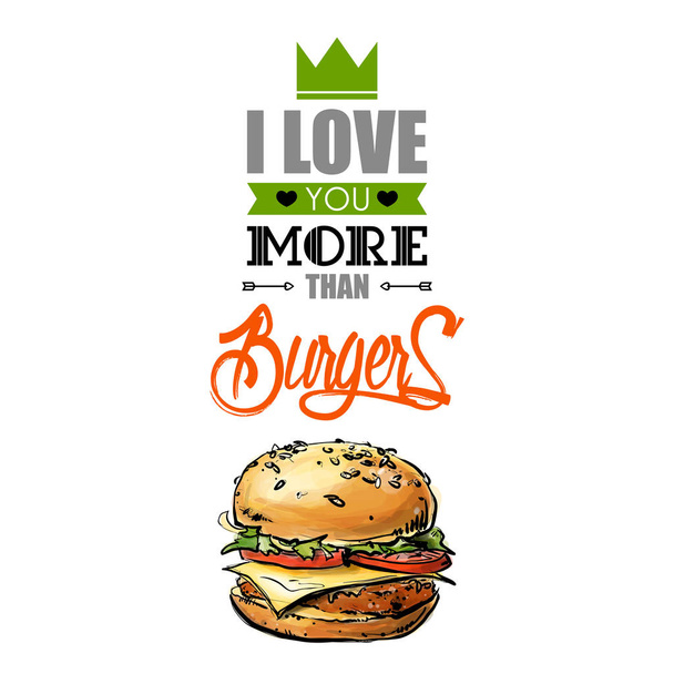 Romantic card with text and burger. - Vector, Image