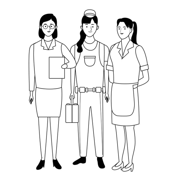 Professionals workers characters smiling cartoons in black and white - Vector, Image