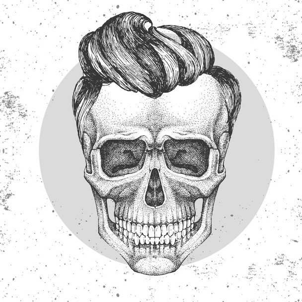 Hand tekening hipster schedel illustratie op grunge achtergrond. Hipster fashion stijl - Vector, afbeelding