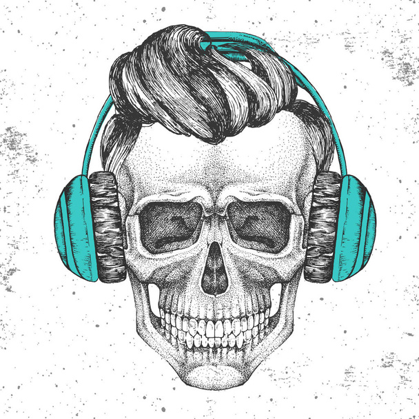 Hand drawing hipster illustration of skull with headphones on grunge background. Hipster fashion style - Vetor, Imagem