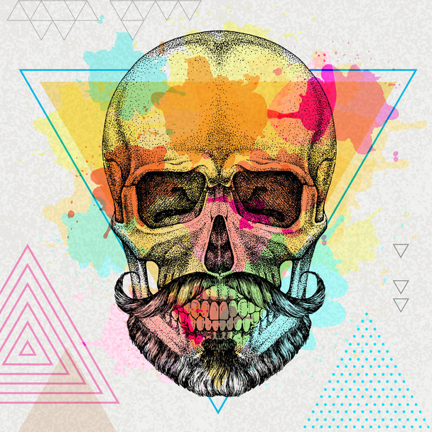 Hand drawing hipster skull illustration on artistic watercolor background. Hipster fashion style - Vektör, Görsel