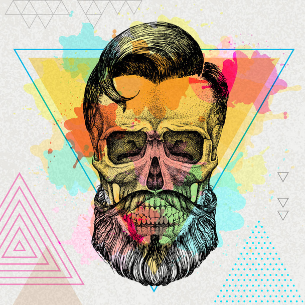 Hand drawing hipster skull illustration on artistic watercolor background. Hipster fashion style - Vecteur, image