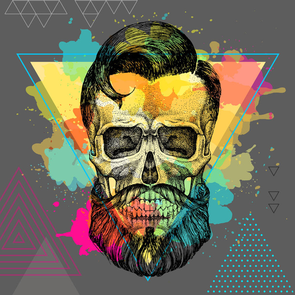 Hand drawing hipster skull illustration on artistic watercolor background. Hipster fashion style - Vetor, Imagem