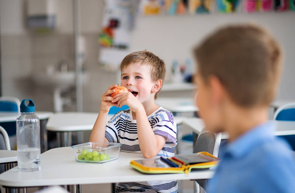 Piccoli bambini della scuola seduti alla scrivania in classe, che mangiano frutta
. - Foto, immagini