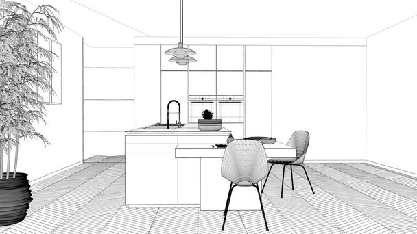 Projeto de projecto de planta, cozinha moderna contemporânea limpa, ilha e mesa de jantar de madeira com cadeiras, plantas de bambu e vasos, janela e piso em parquet, ideia de conceito de design de interiores
 - Foto, Imagem