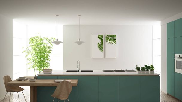 Μοντέρνα καθαρή σύγχρονη τιρκουάζ κουζίνα, νησί και ξύλινο τραπέζι φαγητού με καρέκλες, μπαμπού και γλάστρες με φυτά, μεγάλο παράθυρο και ψαροκόκκαλο παρκέ δάπεδο, μινιμαλιστικό εσωτερικό σχεδιασμό - Φωτογραφία, εικόνα
