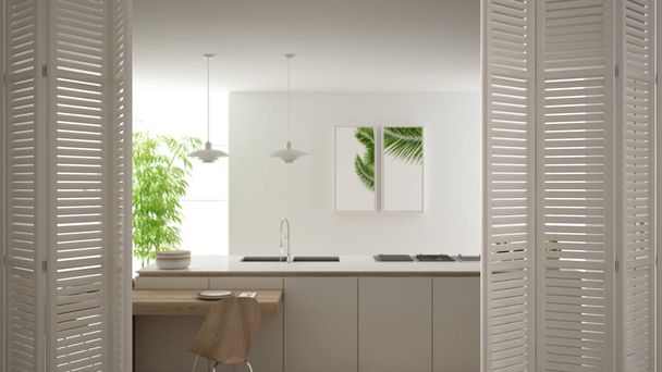 Apertura de puerta plegable blanca en cocina blanca moderna con detalles de madera y suelo de parquet, diseño interior blanco, concepto de arquitecto diseñador, fondo borroso
 - Foto, imagen
