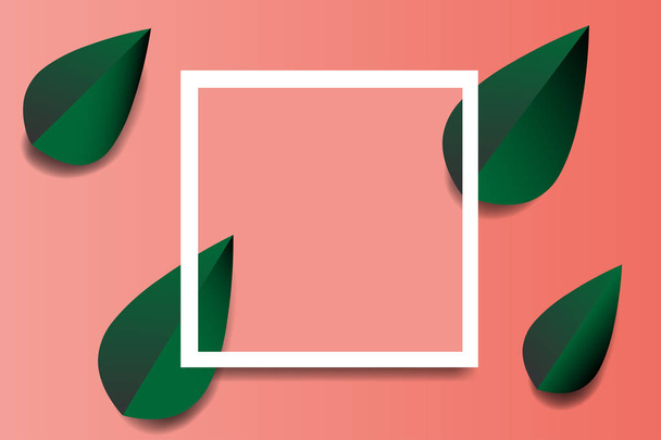 Φρέσκο ανοιξιάτικο πράσινο γρασίδι αφήνει το πρότυπο καρέ με κενό σχέδιο χαρτιού. χρώμα κοραλλιών στο παρασκήνιο. απεικόνιση διανύσματος - Διάνυσμα, εικόνα