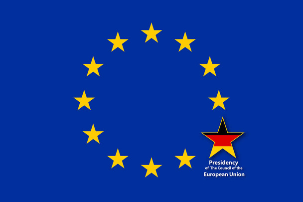 Flaga UE, jedna gwiazda większa z flagą Niemiec wewnątrz - Zdjęcie, obraz