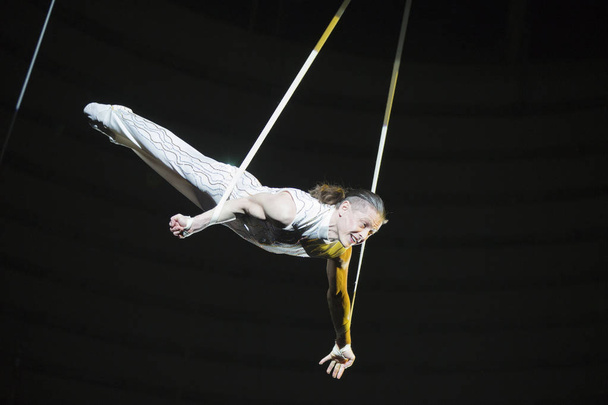Beyaz Rusya, Gomil, 16 Şubat 2019. Eyalet Sirki. Program Bravo Bravissimo. Hava akrobat bir sirk hile yapar. Sirk kubbesi altında jimnastikçi - Fotoğraf, Görsel