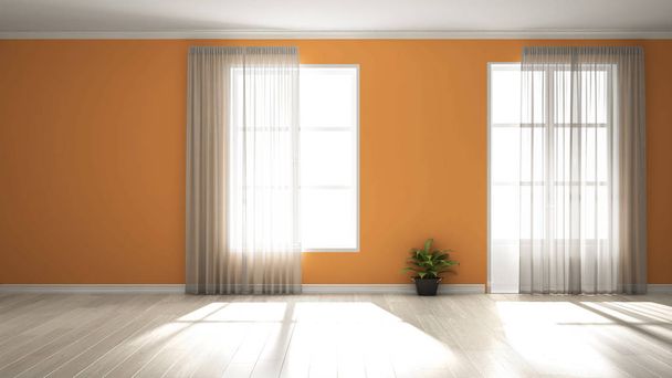 Stylish empty room with panoramic windows, parquet wooden floor, classic shutters, potted plants and decors. Orange background with copy space, interior design concept idea - Photo, Image