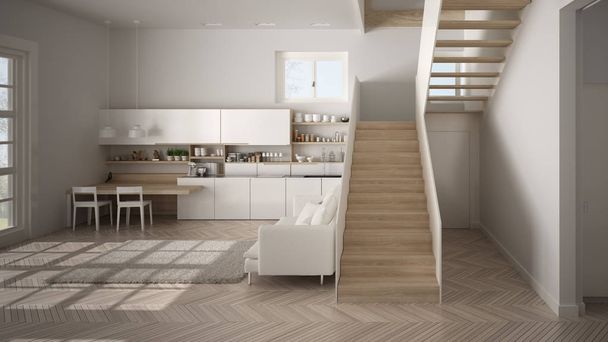 清潔な階段、ソファとカーペット付きのリビングルーム、インテリアデザイン建築コンセプトのアイデアと現代的なオープンスペースでミニマリストモダンな白と木製のキッチン - 写真・画像