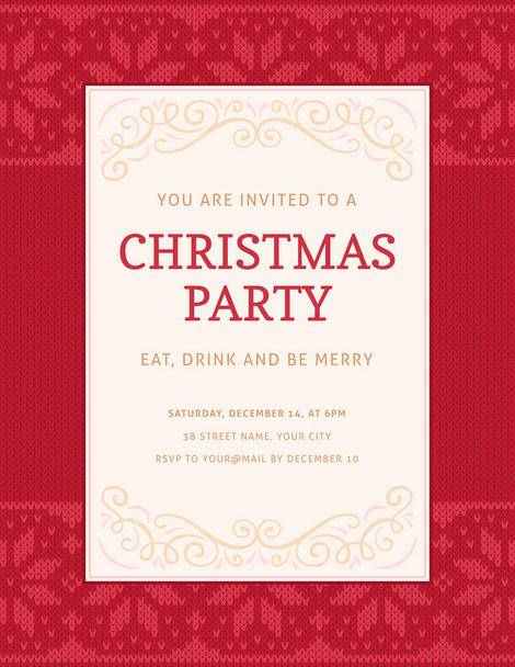 Šablona pozvání vánoční večírek s pleteným červeným vánočním ÚP - Vektor, obrázek