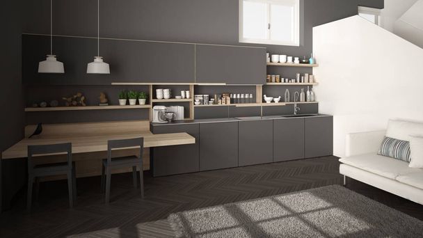 Minimalistická moderní bílá, šedá a dřevěná kuchyně v současném otevřeném prostoru s čistým schodištěm, obývacím pokojem s pohovkou a kobercem, koncepce interiérů designu - Fotografie, Obrázek