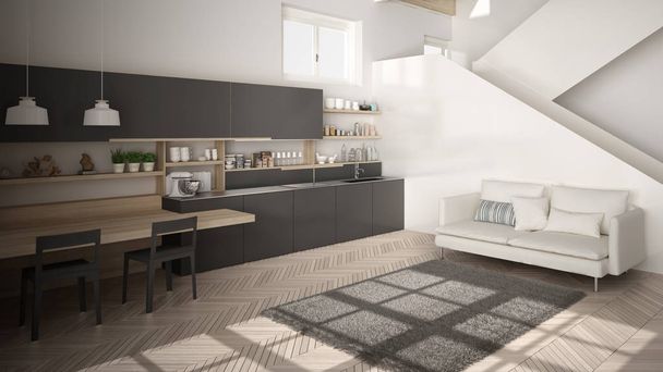 Мінімалістична сучасна біла, сіра та дерев'яна кухня в сучасному відкритому просторі з чистими сходами, вітальня з диваном та килимом, концепція дизайну інтер'єру
 - Фото, зображення