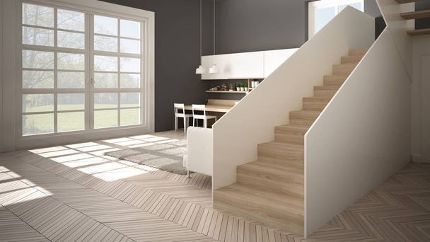 Мінімалістична сучасна біла, сіра та дерев'яна кухня в сучасному відкритому просторі з чистими сходами, вітальня з диваном та килимом, концепція дизайну інтер'єру
 - Фото, зображення