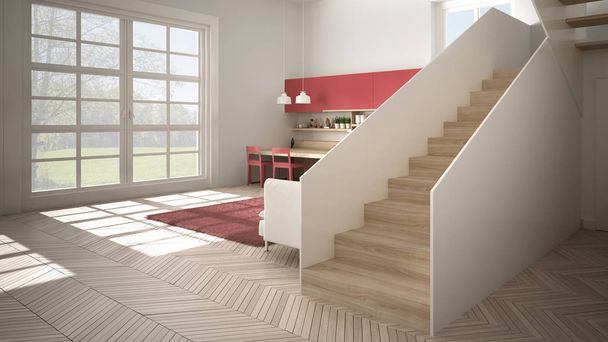 現代的なオープンスペースにあるミニマリストのモダンな白、赤、木製のキッチンには、清潔な階段、ソファとカーペット付きのリビングルーム、インテリアデザインアーキテクチャのコンセプトアイデア - 写真・画像