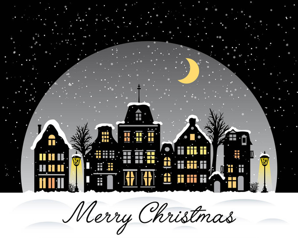 Merry Christmas. Snowfall over the night city. Stylized facades of buildings in old European style. Silhouette houses in Amsterdam at twilight. Flat vector illustration in typical dutch fashion. - Διάνυσμα, εικόνα