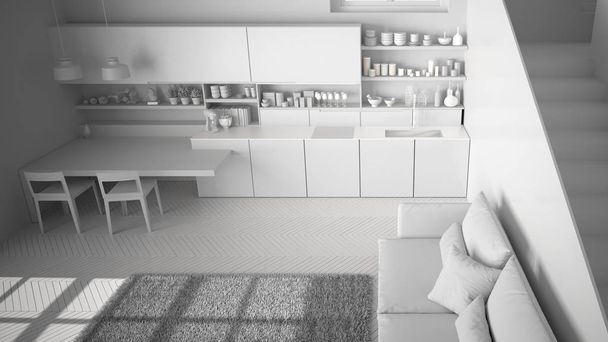 Totaal wit project van minimalistische moderne keuken in hedendaagse open ruimte met schone trap, woonkamer met Bank en tapijt, interieur ontwerp architectuurconcept idee, Top uitzicht - Foto, afbeelding