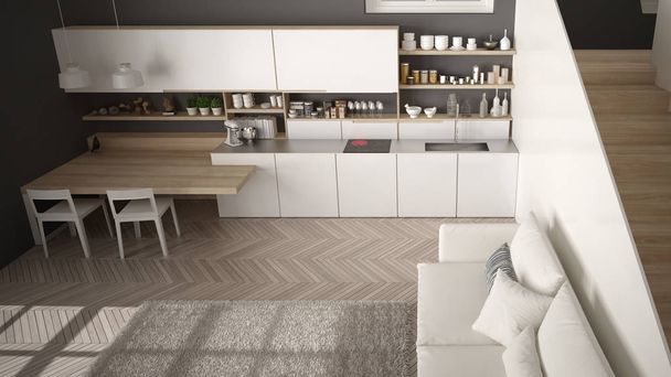 Cucina minimalista moderna bianca, grigia e in legno in open space contemporaneo con scala pulita, soggiorno con divano e moquette, idea di architettura d'interni, vista dall'alto
 - Foto, immagini