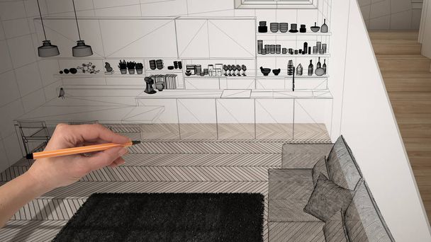 Prázdný bílý interiér s bílou slaninkou parketovou podlahou, Ruční kresba design vlastní architektury, náčrt černé barvy, schéma znázorňující moderní kuchyni, koncept, mockup, idea, pohled shora - Fotografie, Obrázek