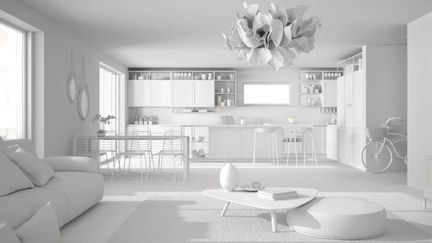 Penthouse oturma odası ve mutfak iç tasarım, kanepe ve halı, yemek masası, tabure, parke ile ada ile salon toplam beyaz proje. Modern beyaz mimari kavram fikri - Fotoğraf, Görsel