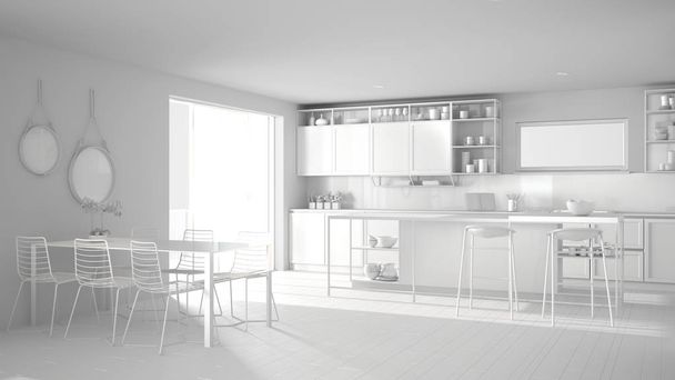 Proyecto blanco total de diseño interior de cocina minimalista ático, mesa de comedor, isla con taburetes, parquet. Idea de concepto de arquitectura blanca moderna
 - Foto, imagen