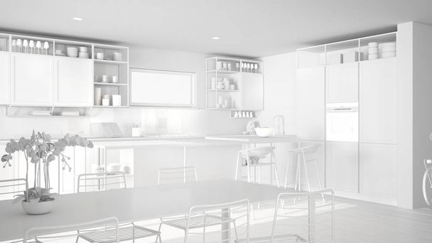 Σύνολο λευκό έργο του ρετιρέ μινιμαλιστική κουζίνα εσωτερικό σχεδιασμό, τραπέζι φαγητού, νησί με σκαμπό, παρκέ. Μοντέρνα λευκή αρχιτεκτονική ιδέα - Φωτογραφία, εικόνα