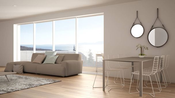Penthouse minimalista konyha belsőépítészet, társalgó kanapé és szőnyeg, étkezőasztal, sziget széklet, parketta. Modern kortárs fehér és bézs építészeti koncepció ötlet - Fotó, kép