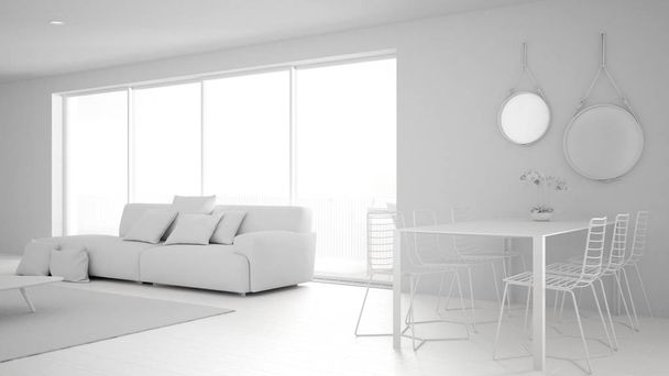 Yhteensä valkoinen projekti kattohuoneisto olohuone ja keittiö sisustus, oleskelutila sohvalla ja matolla, ruokapöytä, saari ulosteet, parketti. Moderni valkoinen arkkitehtuuri käsite idea
 - Valokuva, kuva