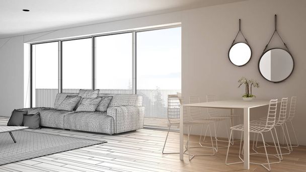 Építész belsőépítészeti koncepció: befejezetlen projekt válik igazi, penthouse nappali és a konyha belsőépítészet, kanapé és szőnyeg, étkezőasztal, parketta, koncepció ötlet - Fotó, kép