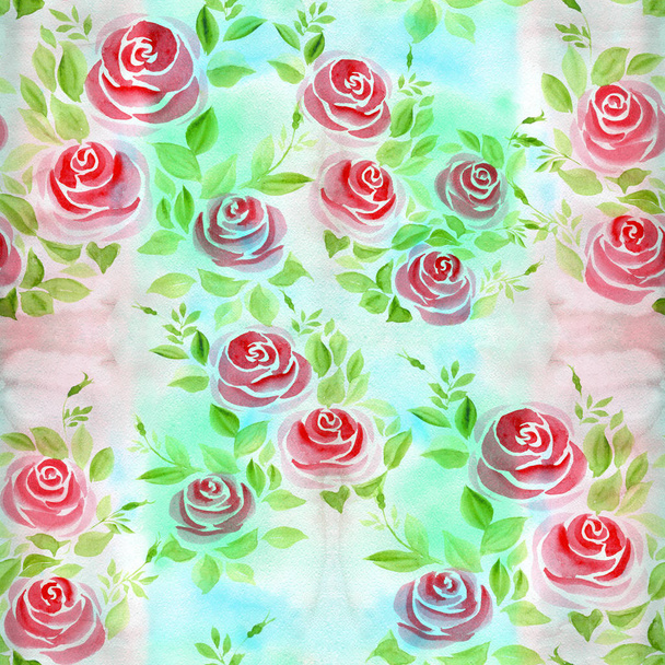 Bloemstuk van rozen op een aquarel achtergrond. Rozen. Naadloze achtergrond. Collage van bloemen en bladeren. Gebruik gedrukte materialen, borden, objecten, sites, kaarten. Abstract behang met bloemmotieven. Handgeschilderde.  - Foto, afbeelding