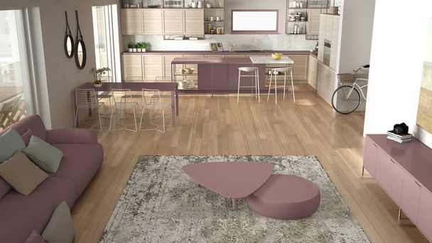 Kattohuoneisto minimalistinen keittiö sisustus, oleskelutila sohvalla ja matto, ruokapöytä, saari ulosteet, parketti. Moderni nykyaikainen valkoinen ja punainen arkkitehtuuri konsepti, ylhäältä
 - Valokuva, kuva