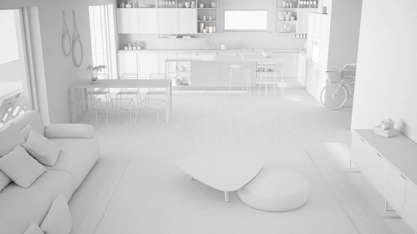ペントハウスのリビングルームとキッチンのインテリアデザイン、ラウンジ(ソファとカーペット付)、ダイニングテーブル、寄木細工のトータルホワイトプロジェクト。現代の白い建築の概念のアイデア、トップビュー - 写真・画像