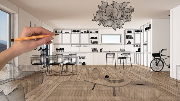 Prázdná bílá interiér s parketovou podlahou a velké panoramatické okno, ruční kreslení vlastní architektura design, černým inkoustem náčrtu, plánu zobrazeno moderní kuchyň - Fotografie, Obrázek