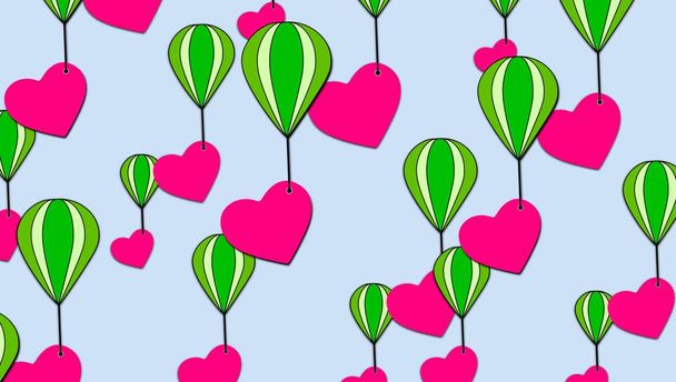 Group of hearts flying in a balloon. Illustration on light background. Feelings in the air. Colorful flight. - Photo, Image