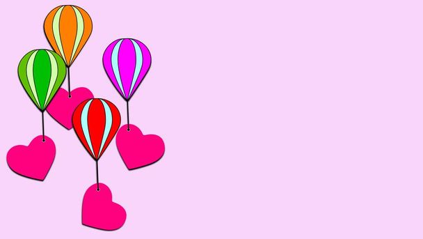 Gruppe von Herzen, die in einem Ballon fliegen. Illustration auf hellem Hintergrund. Gefühle in der Luft. Bunter Flug. - Foto, Bild