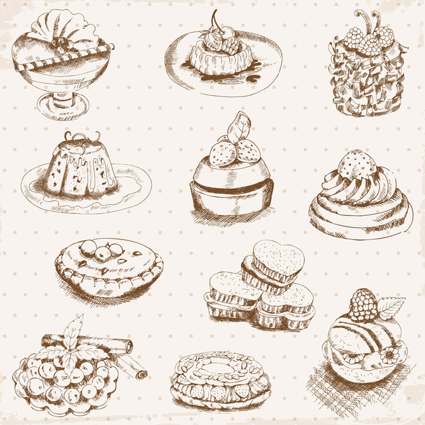Set of Cakes, Sweets and Desserts - hand drawn in vector - Vektori, kuva