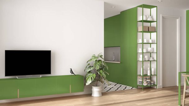 Moderna sala de estar minimalista de cor verde com pequena cozinha, piso em parquet, armário de tv, vaso planta. Escandinávia azulejos coloridos e decorações, arquitetura conceito de design de interiores
 - Foto, Imagem