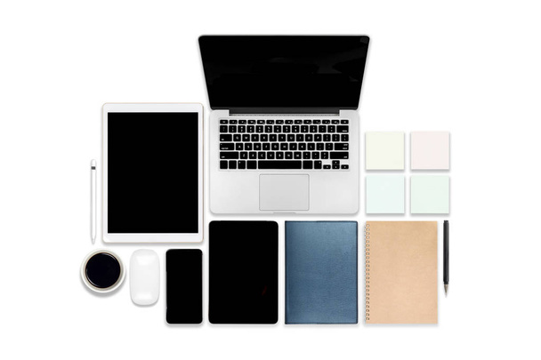 Flat lay photo of office table with laptop computer, digital tablet, mobile phone and accessories. on modern tone background. Desktop office mockup concept. - Photo, Image