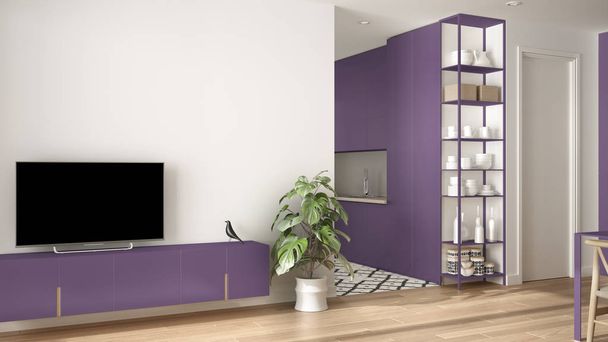 Moderno violeta colorido minimalista sala de estar com pequena cozinha, piso em parquet, armário de tv, vaso planta. Escandinávia azulejos coloridos e decorações, arquitetura conceito de design de interiores
 - Foto, Imagem