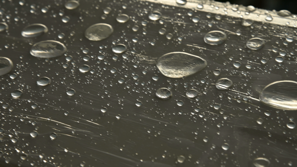 Gros plan de gouttes de pluie de différentes tailles sur la surface recouverte d'un film adhésif. Climat humide et concept d'humidité
 - Séquence, vidéo