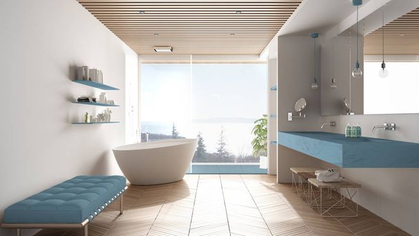 Luksusowa nowoczesna biała i niebieska łazienka z parkietem i drewnianym celownicą, duże panoramiczne okno na panoramę morza, wanna, prysznic i podwójna umywalka, aranżacja wnętrz, minimalistyczna architektura - Zdjęcie, obraz