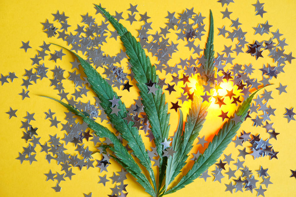 Zilveren sterren van confetti en een groene cannabis hennep tak op een b - Foto, afbeelding