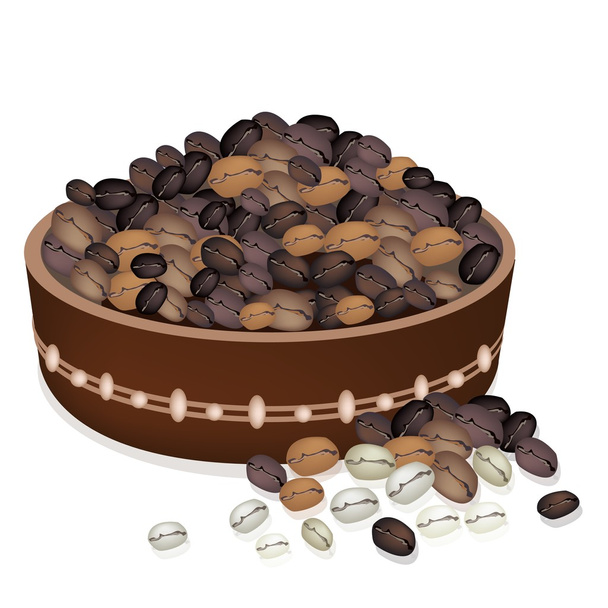 さまざまな種類のコーヒー豆はバケツで - ベクター画像