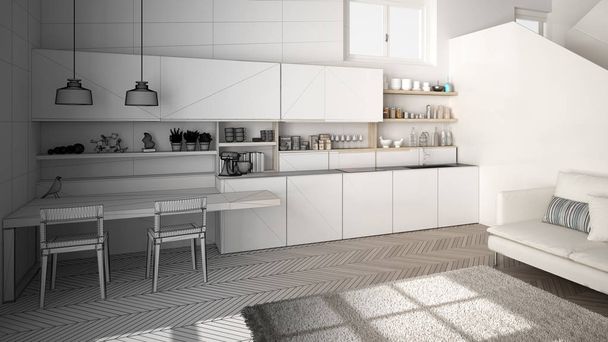 Építész belsőépítészeti koncepció: befejezetlen projekt válik igazi, minimalista modern konyha nyitott térben lépcsőház, nappali, modern belsőépítészeti koncepció ötlet - Fotó, kép